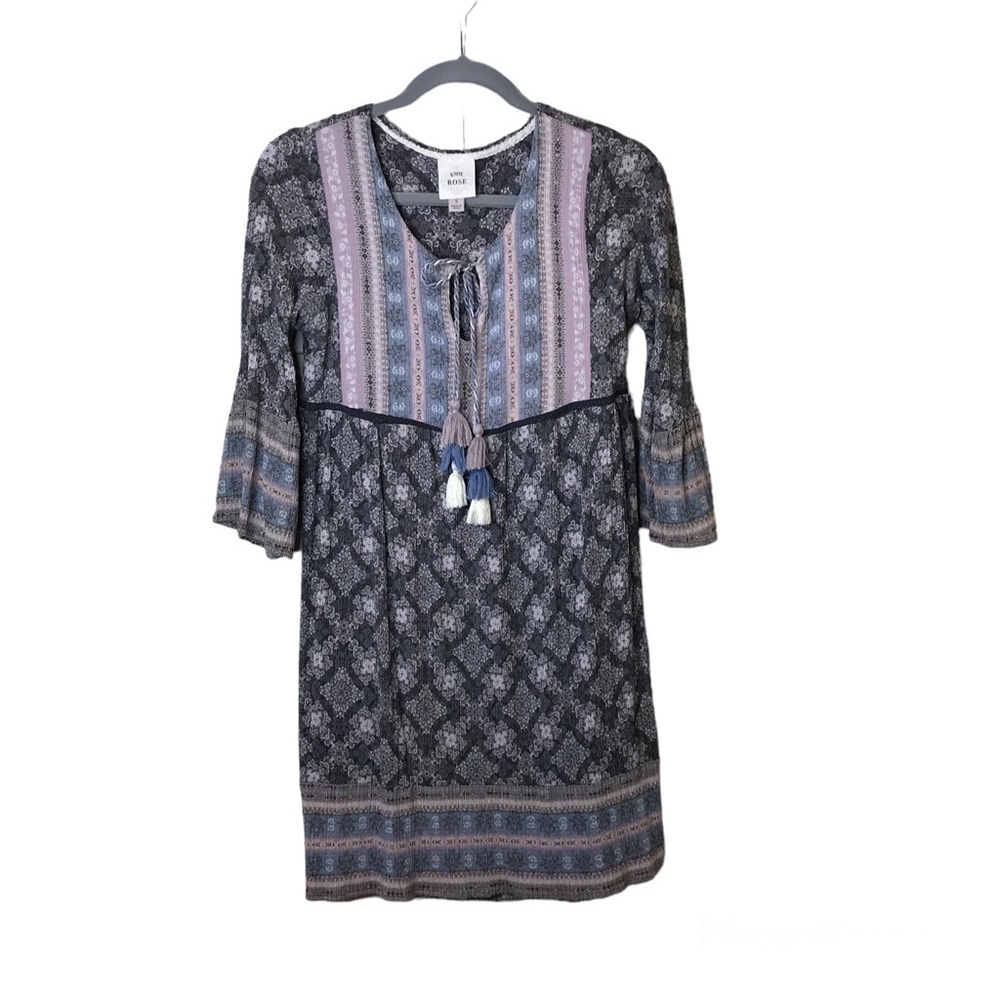 Knox Rose Boho Tunic Dress Size S Gray Tassel Tie Neck Crochet Bell Sleeve